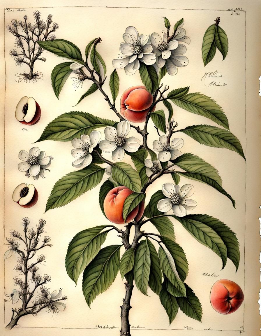 Peach Tree Vintage Botanical Ink Illustration