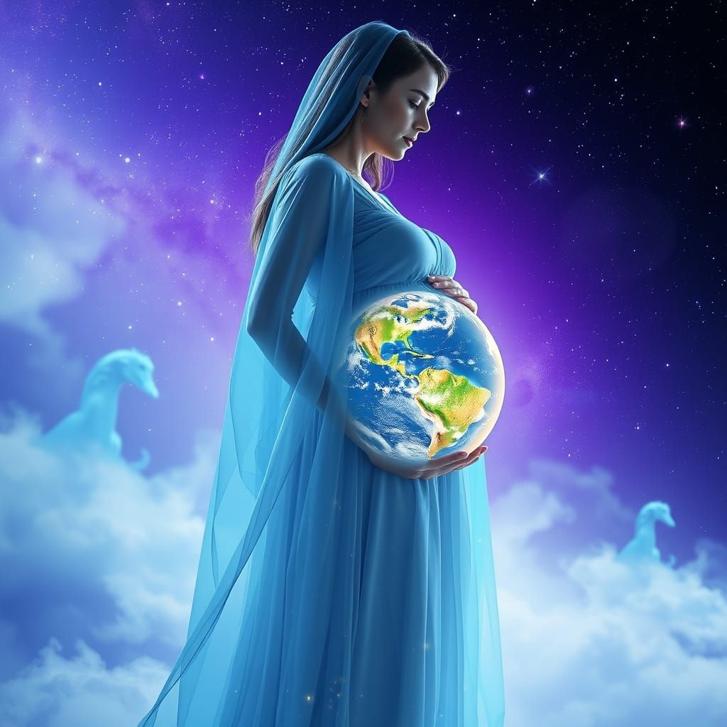 Ethereal Pregnant Woman: Earth Womb in Cosmic Dreamscape