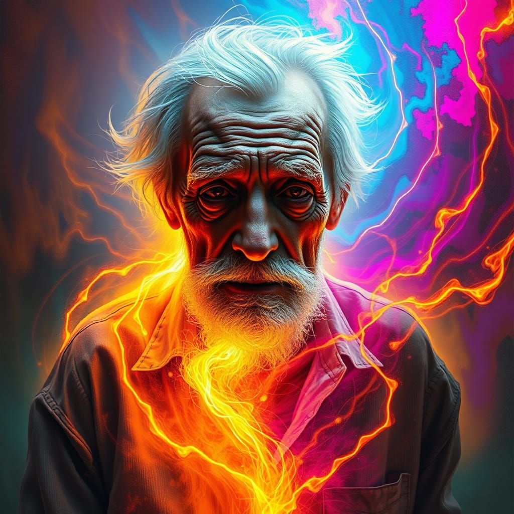 Elderly Man's Life Force Escapes in Neon Aura