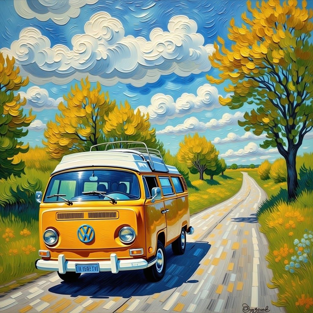 Impressionist Volkswagen Van on Country Road