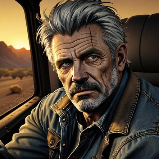 Weary Truck Driver Cruises Desert Highway at Sunset