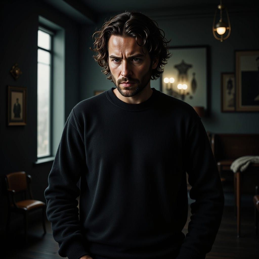 Brooding Man in Black Sweater: A Cinematic Portrait