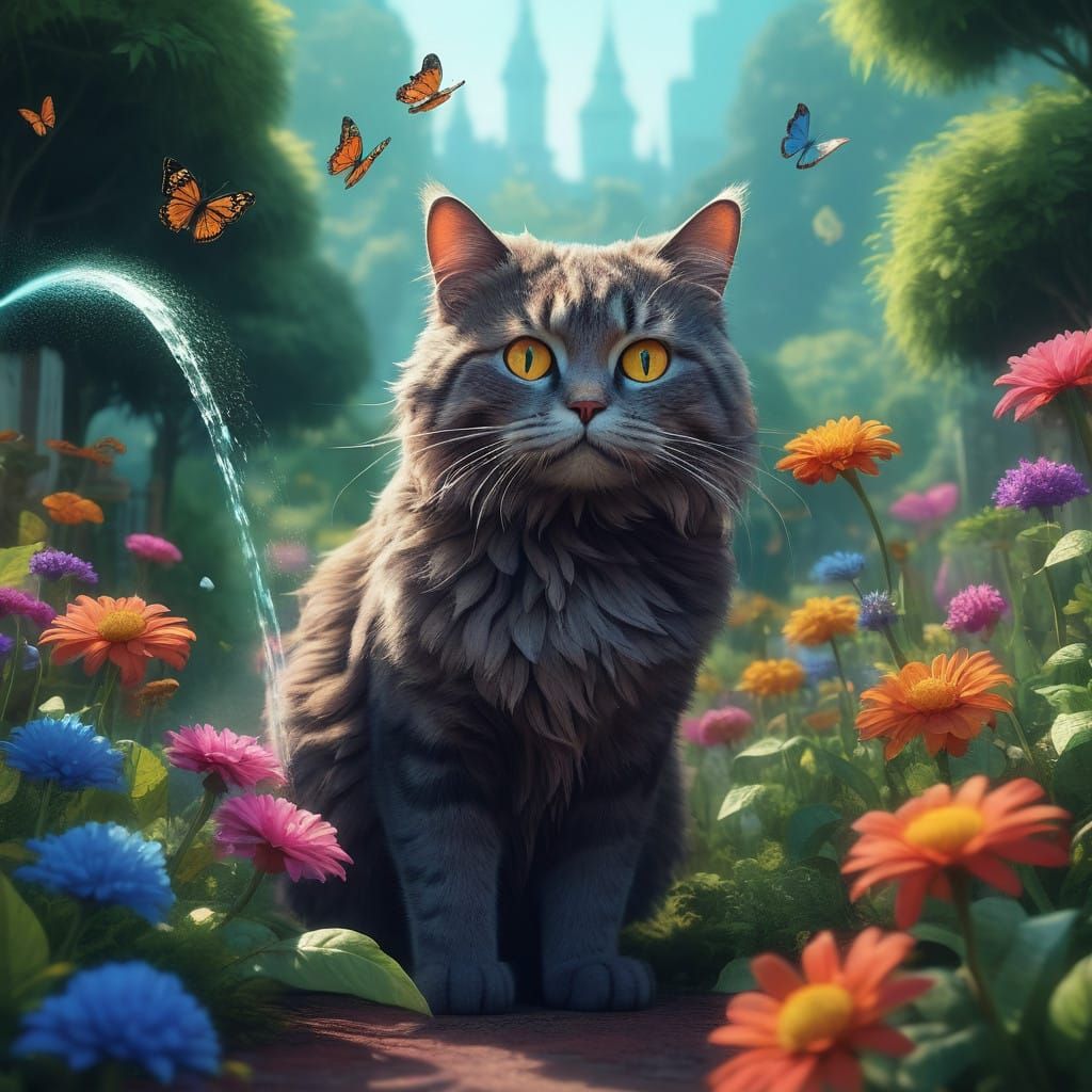 Whimsical Cat Tends Enchanted Garden in Dreamlike World