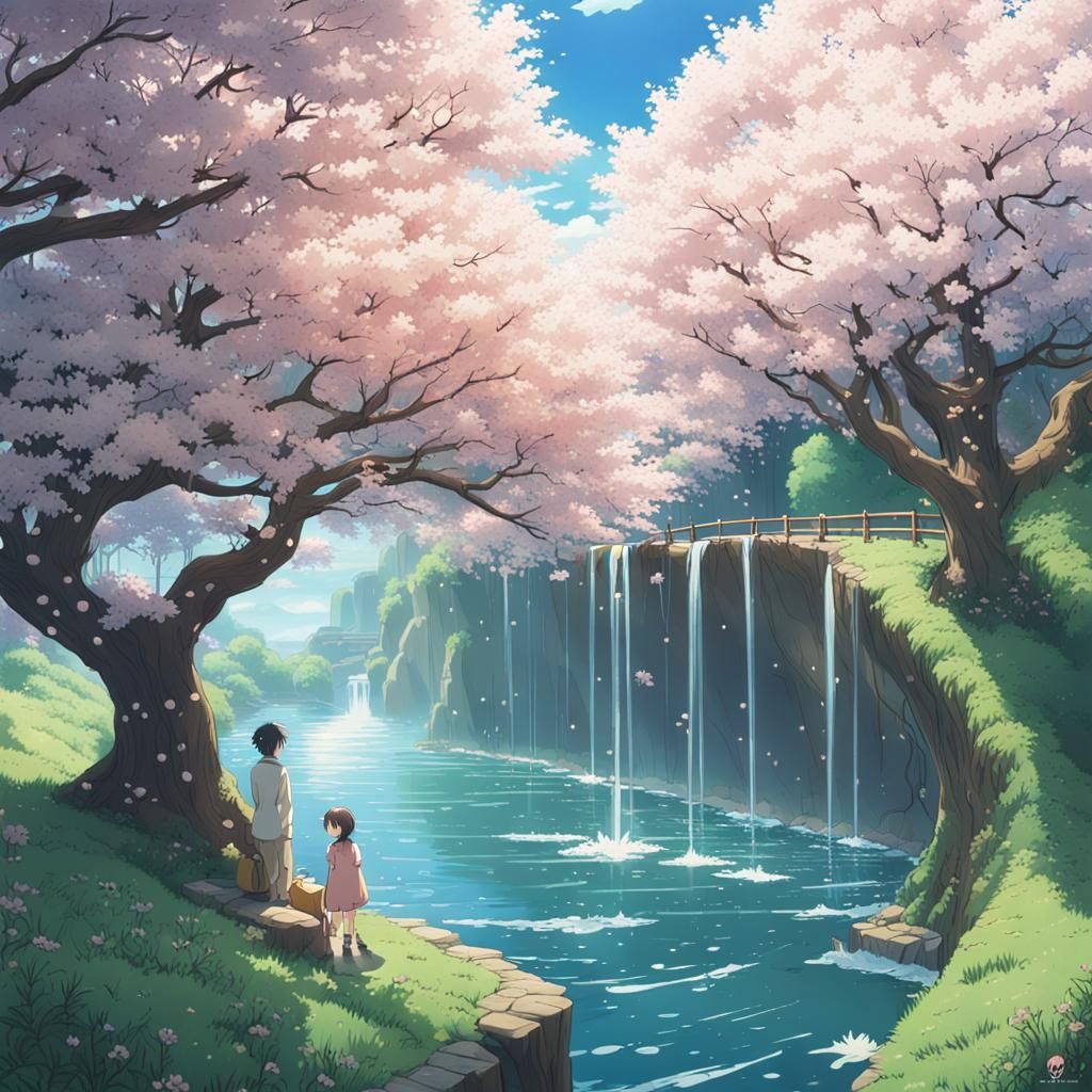 Cherry Trees and Water Postcard in Anime Style