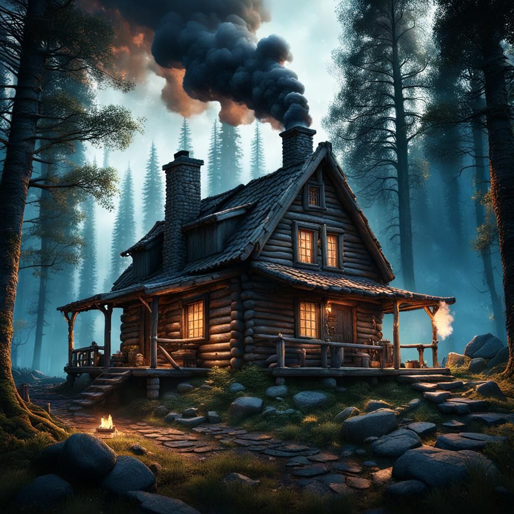 Rustic Cabin in Woods, Matte Painting Style