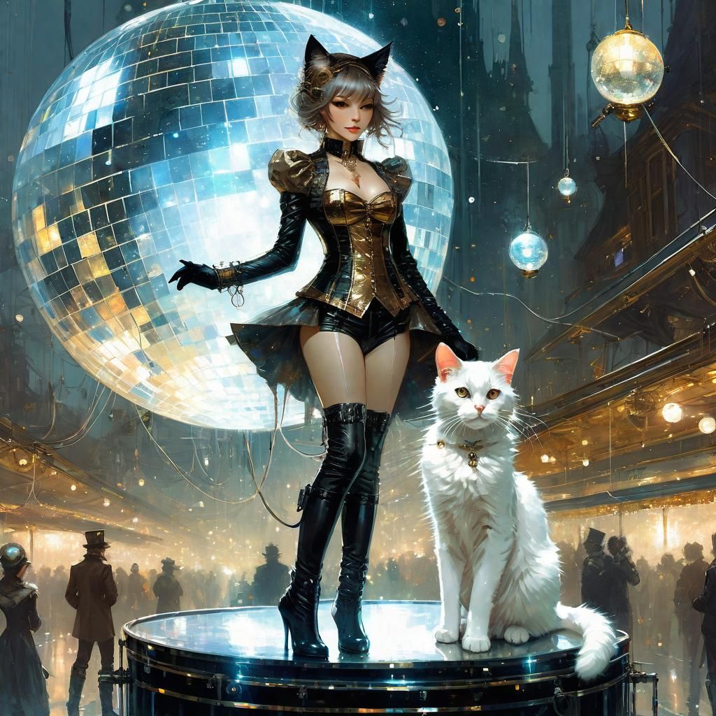 Cat-Eared Lady and Cat on Disco Ball, Digital Art