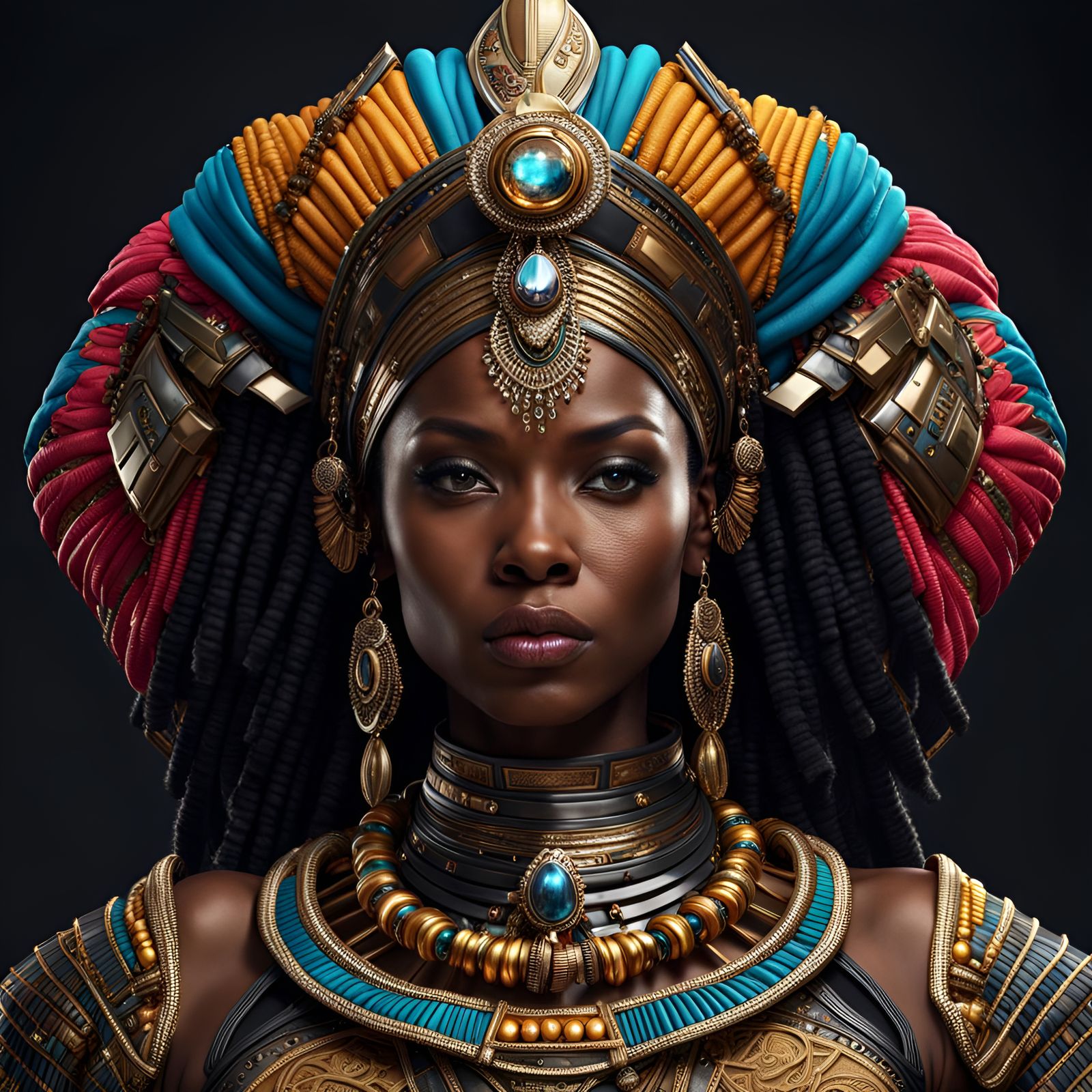 Nubian Woman in Futuristic African Armor, Detailed Matte Pai...