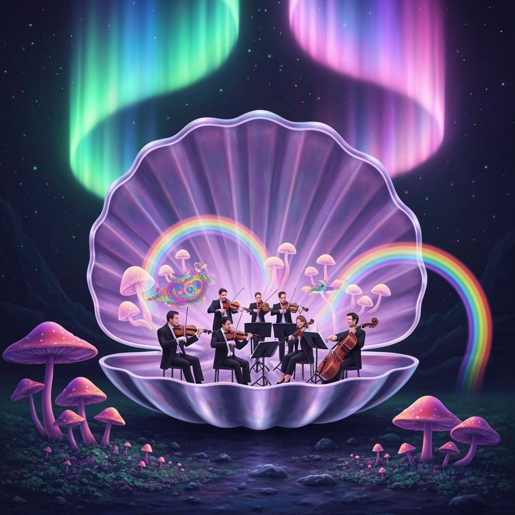 Psychedelic Orchestra Inside Crystal Seashell with Glowing M...