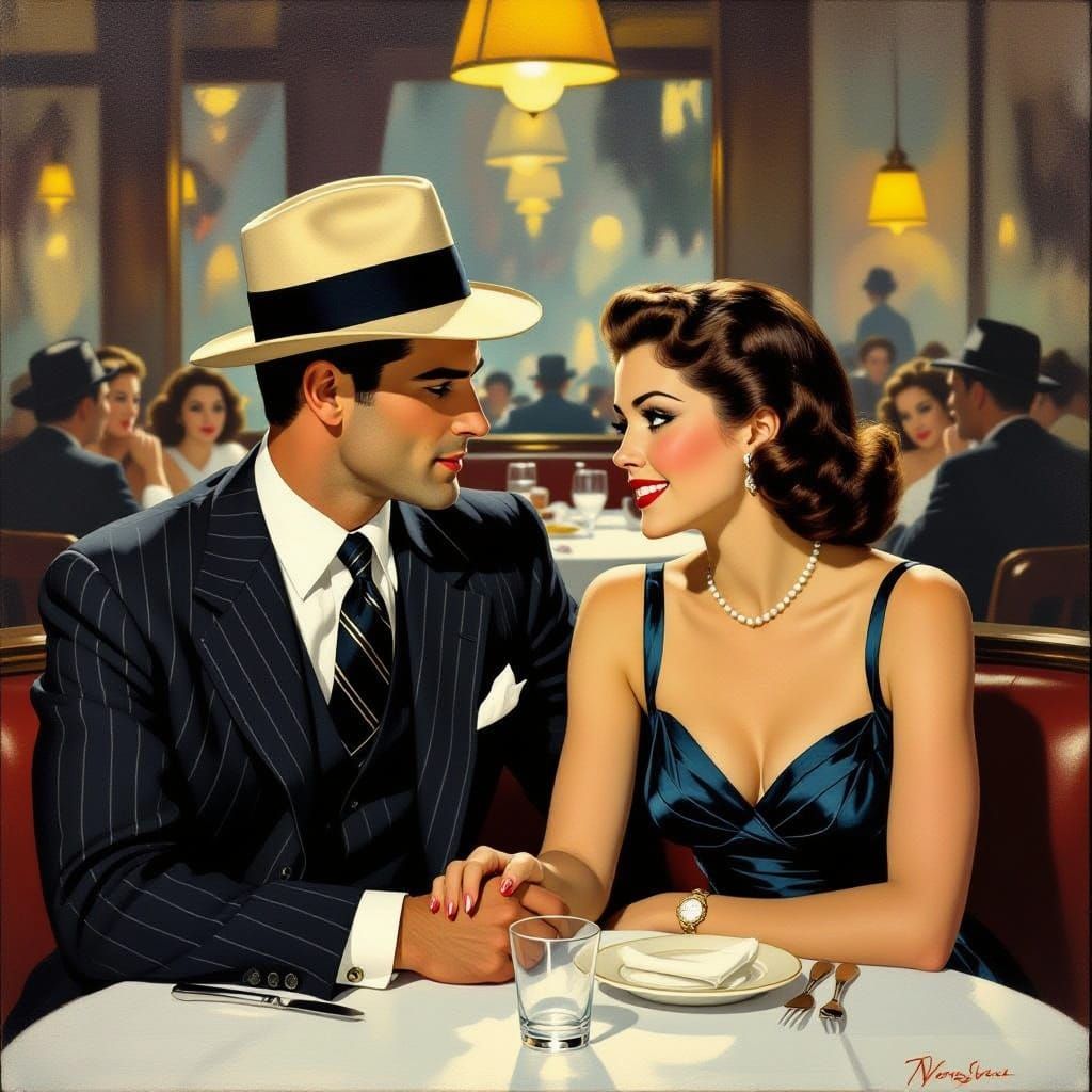 Retro Couple Enjoying a Night Out in Elegant Oil Painting