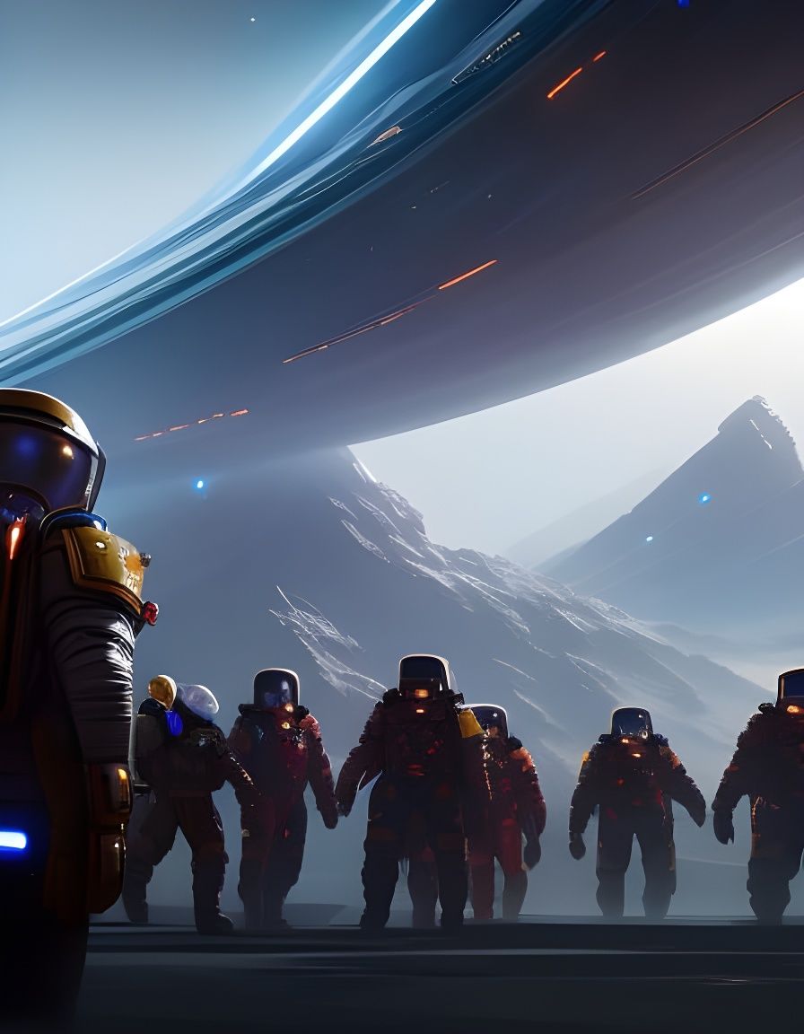 Space Crew Approaching New Planet, Digital Art