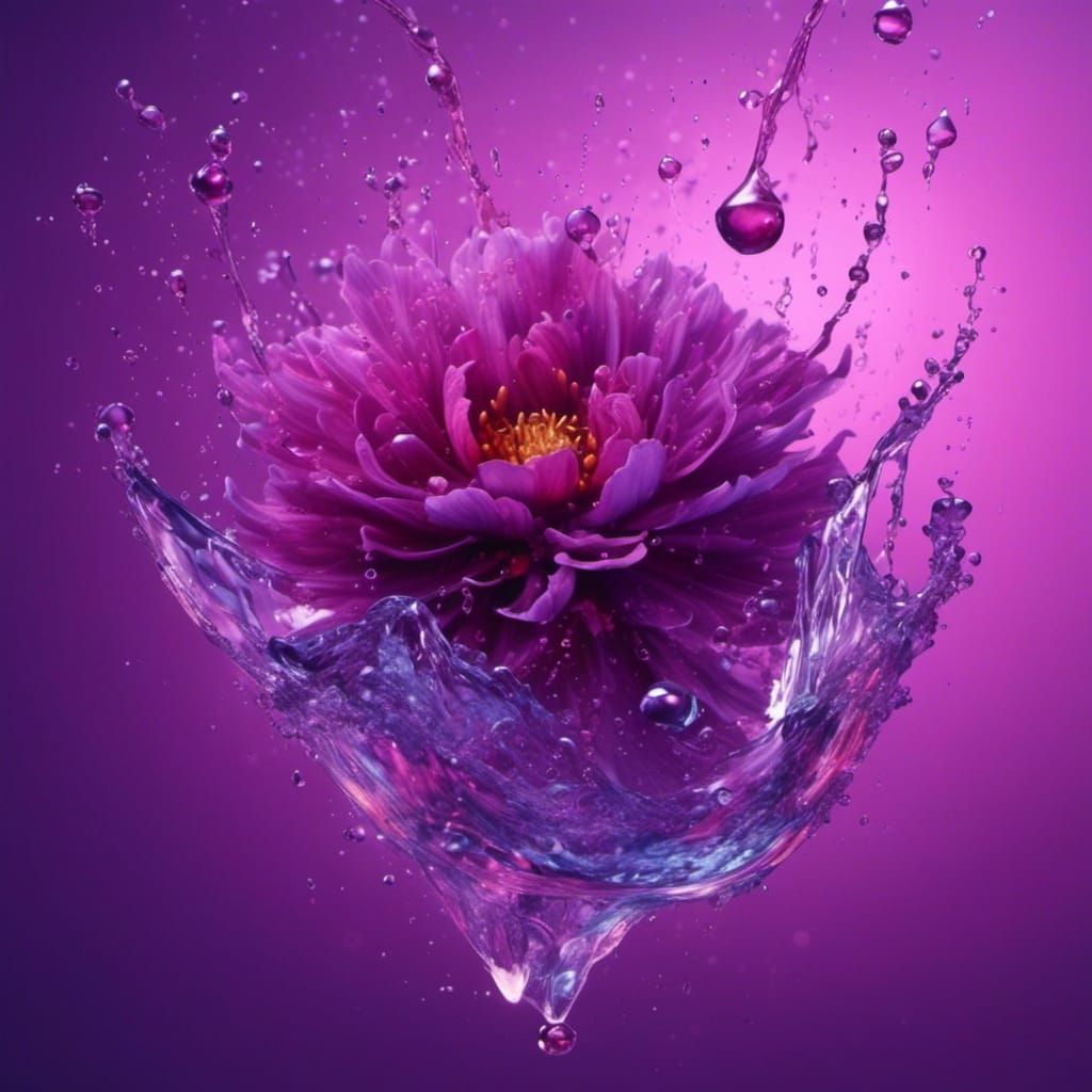 Hyperrealistic Purple Water Droplet with Flowers