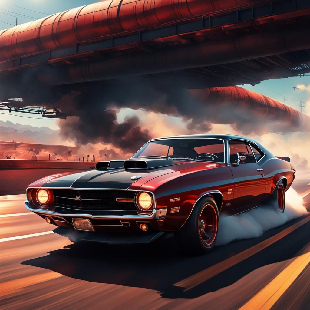 Classic Muscle Car Speeding Down Highway in Futurism Style