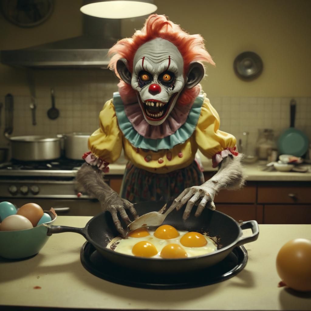 1950s Zombie Monkey Clown Cooking in Retro Kitchen