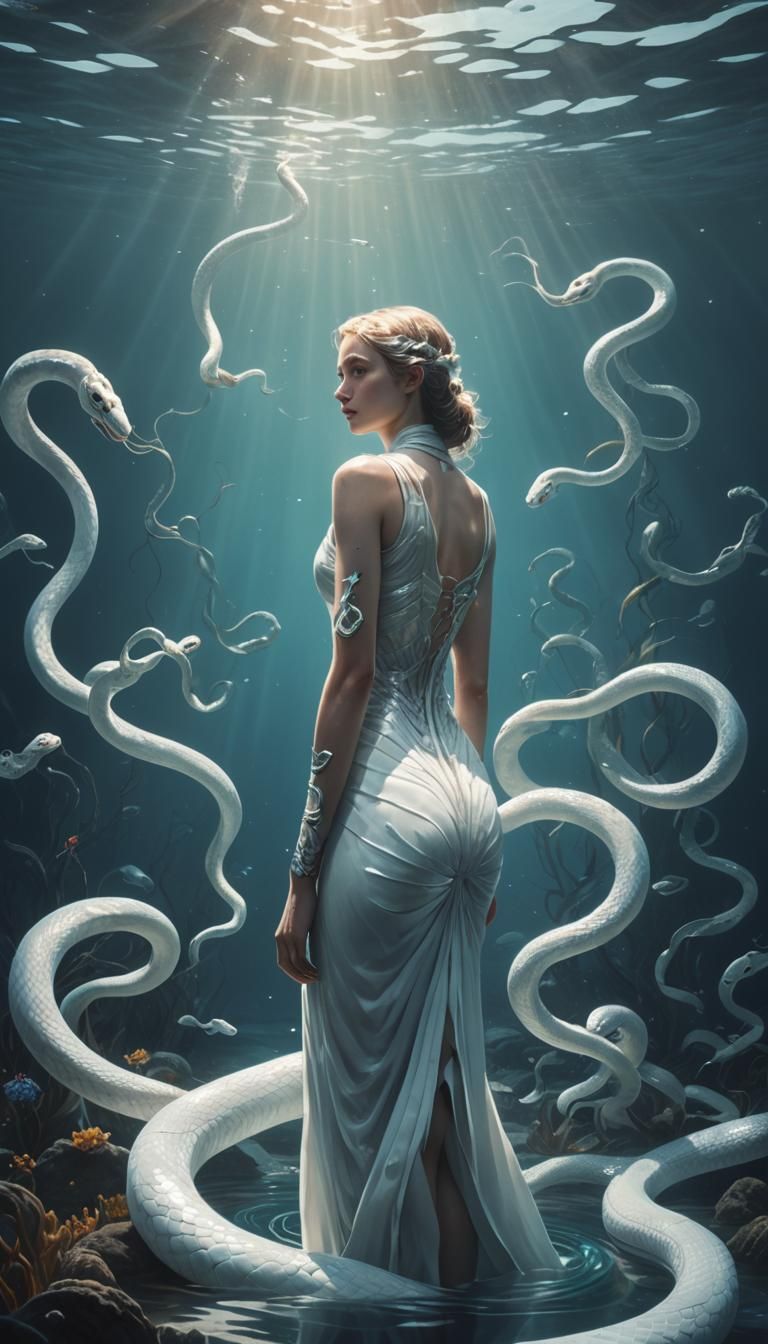 Ethereal Woman with Snake in Surreal Underwater Scene