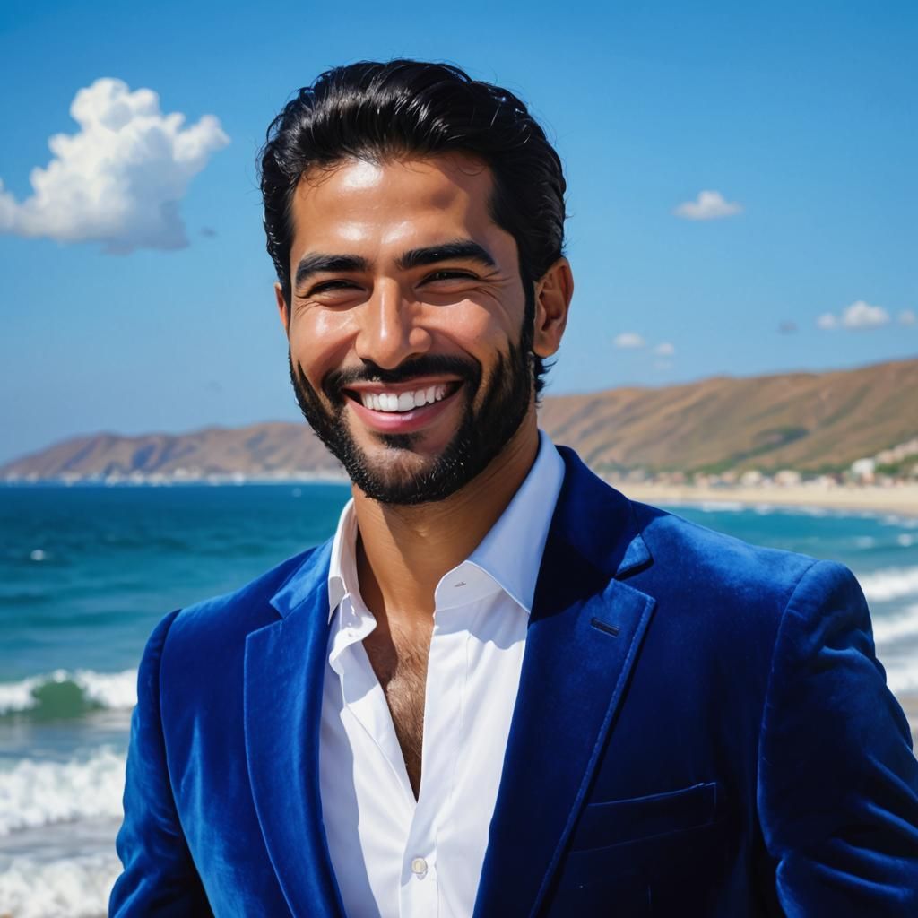 Smiling Man in Blue Velvet Suit, Neo-Impressionist Painting