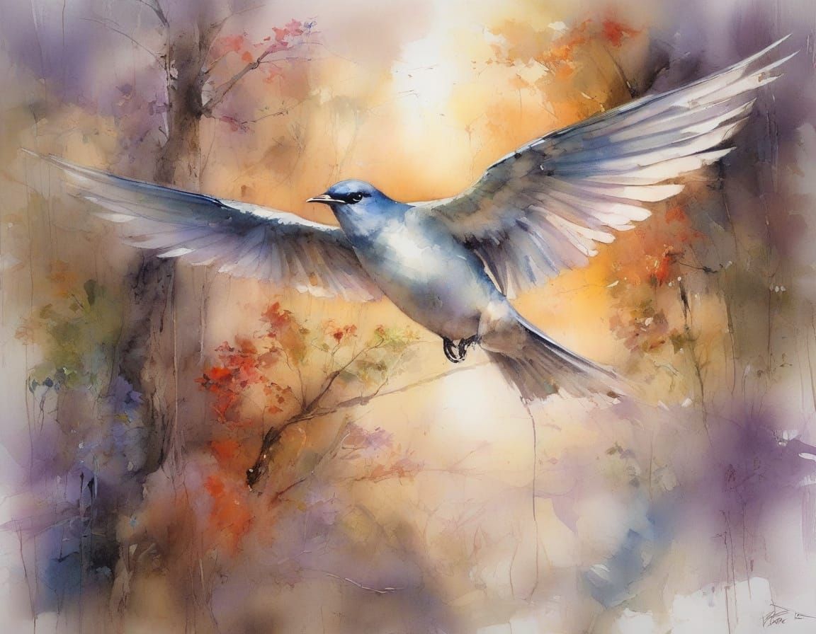 Swallow Skims Forest Path: Watercolour Painting