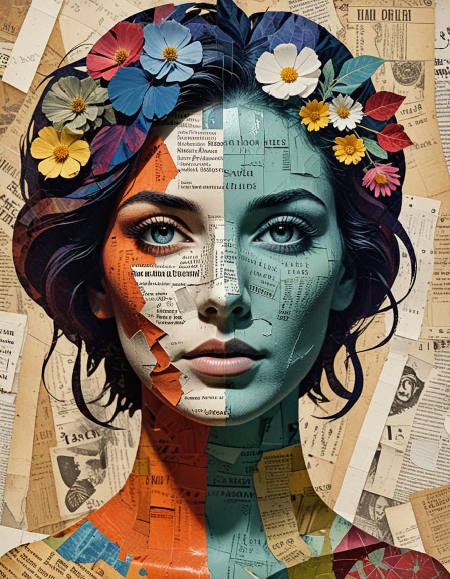 Collage woman on background from fragments color gazettes, decoupage, texture of paper, seven colors,