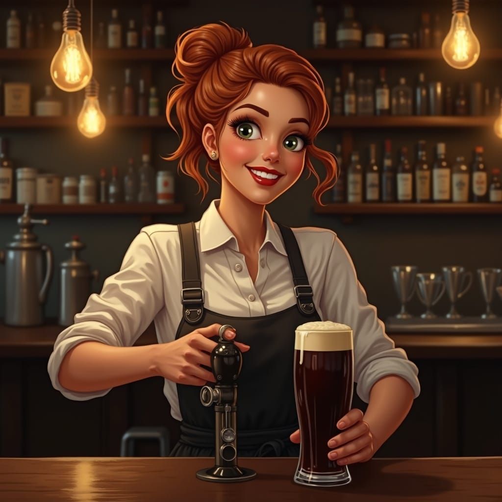Friendly Barmaid Pours Pint in Warm, Painterly Style