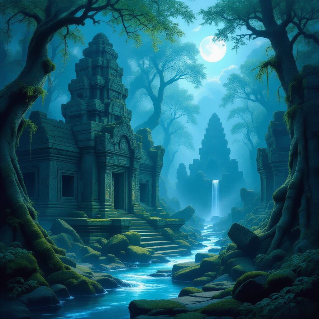 Mystical Temple Ruins in Moonlight Forest