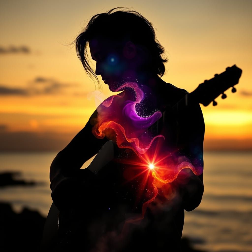 Guitarist Double Exposure with Sunset Coast and Nebula