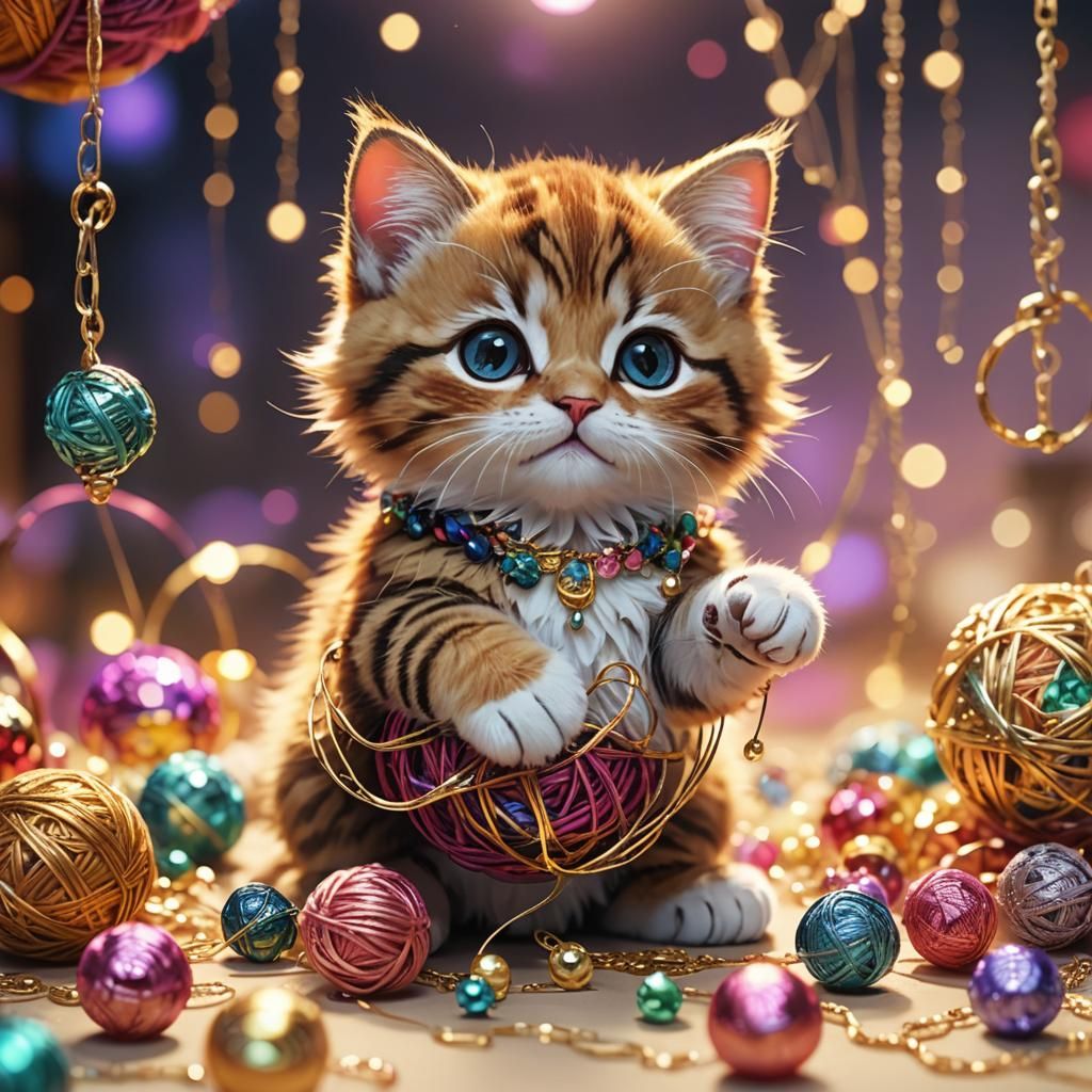 Playful Kitten with Jewelry Yarn in Anime Style
