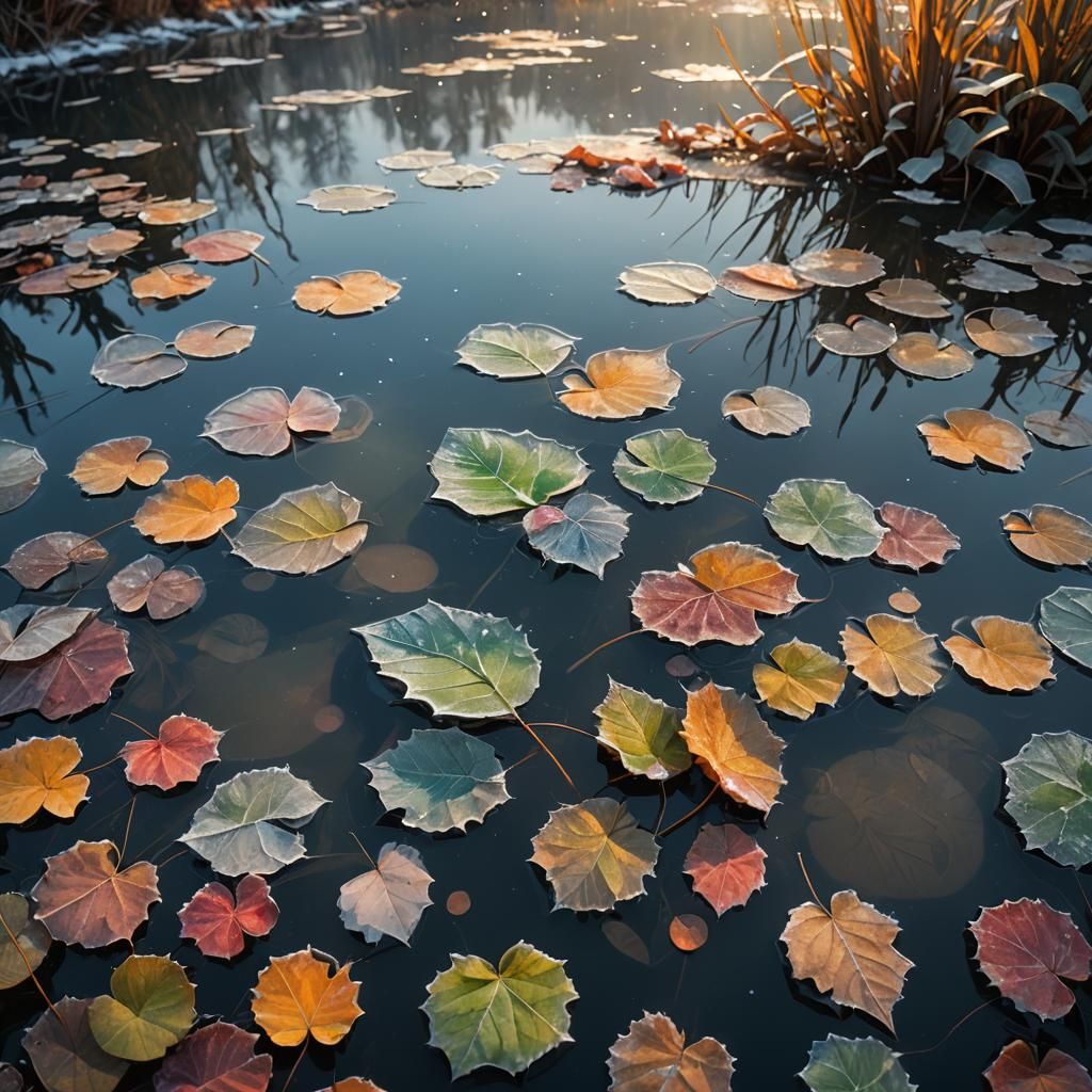 Frost Covered Leaves in Pond: Hyperrealistic Splash Art