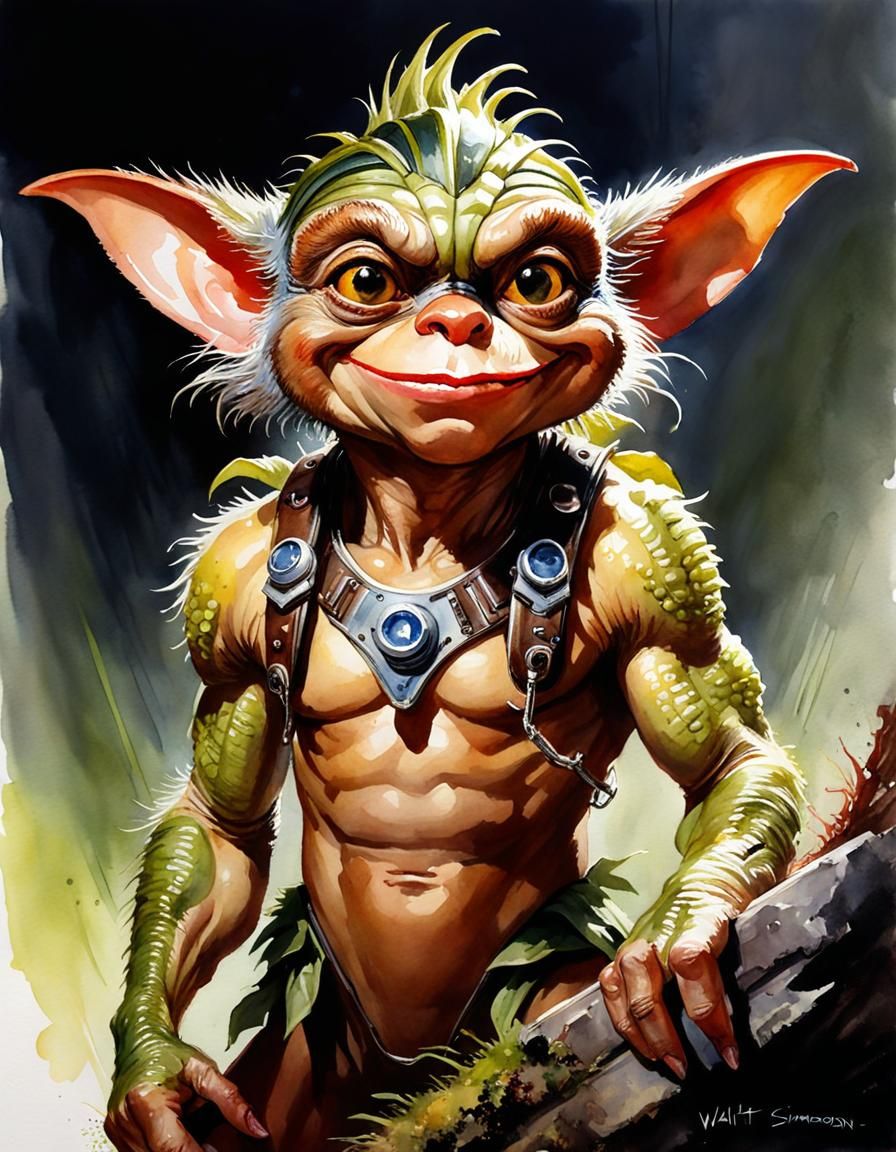 High Contrast Watercolor Portrait of Smirking Gremlin