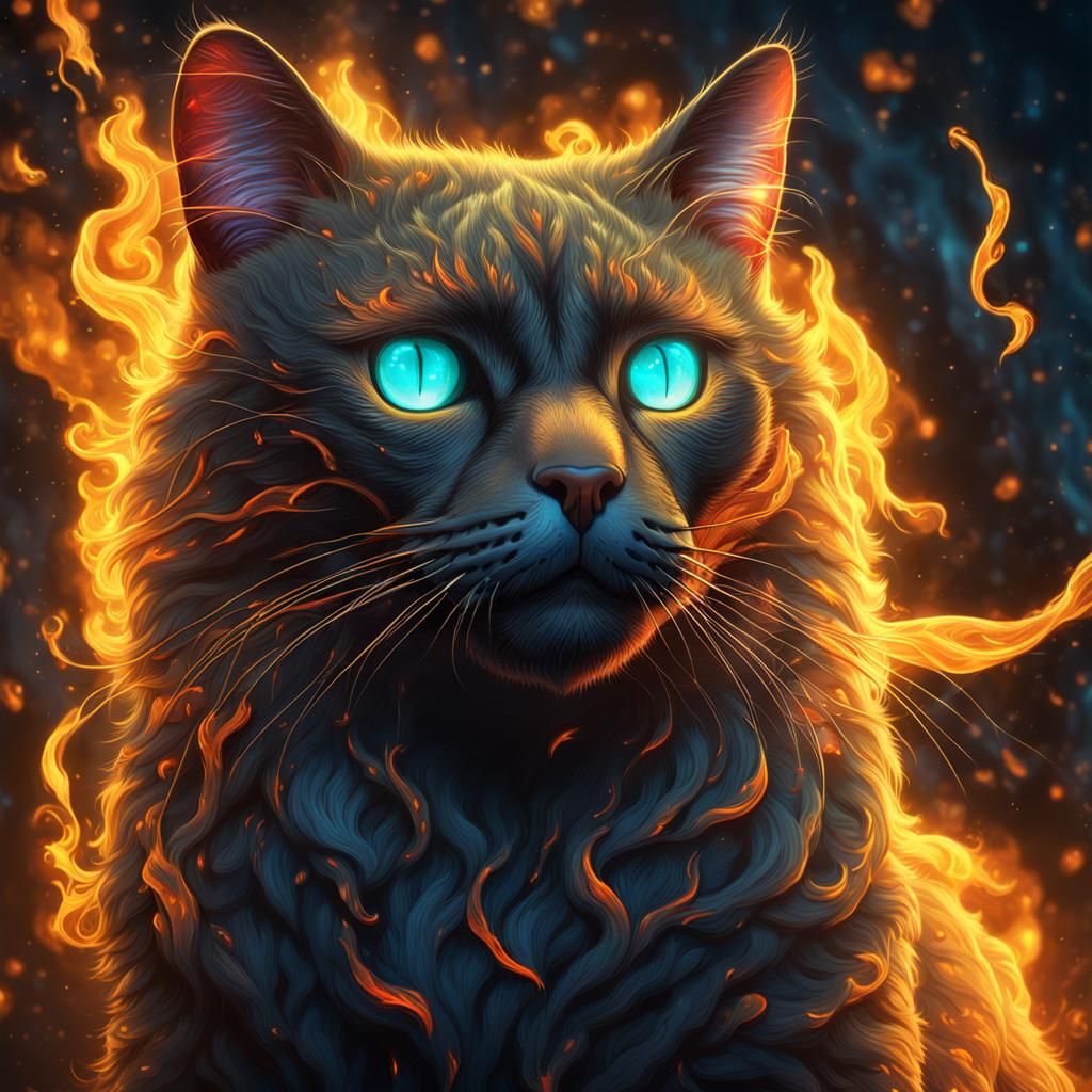 Fire Cat with Bioluminescent Eyes, Fantasy Art