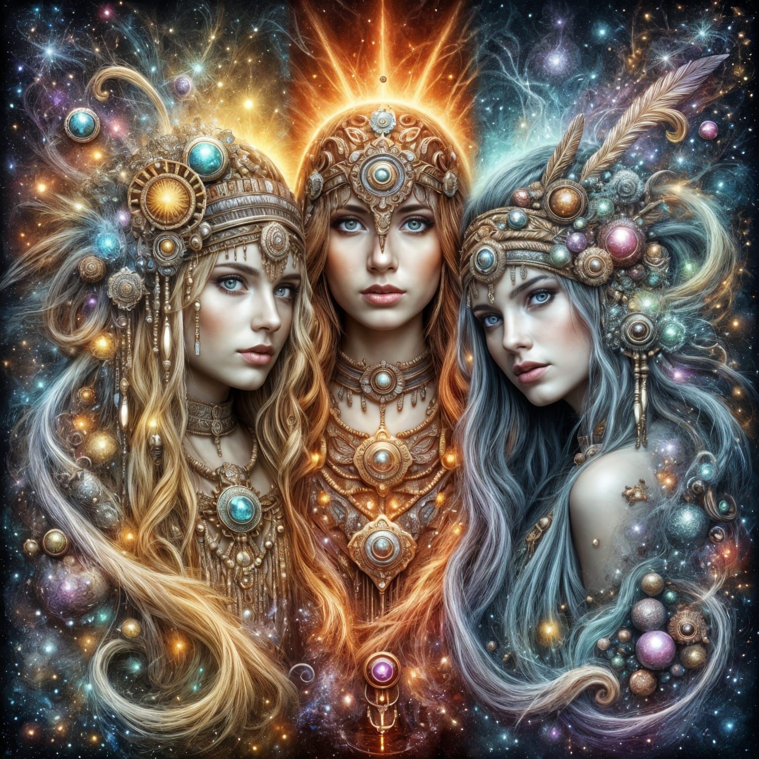 Three Women Radiating Energy Over Abstract Panels