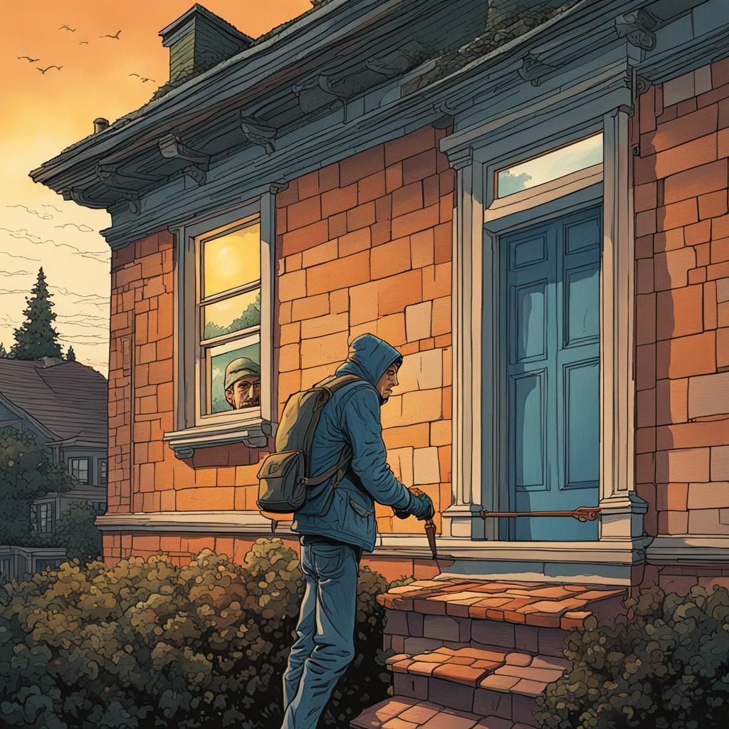 A skinny burglar sneakily inches up the side of a grand home...