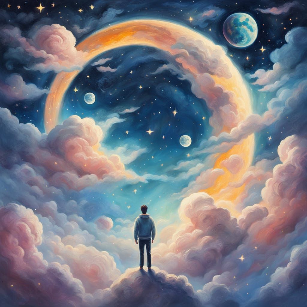 Surreal Person Flies to Moon Among Stars