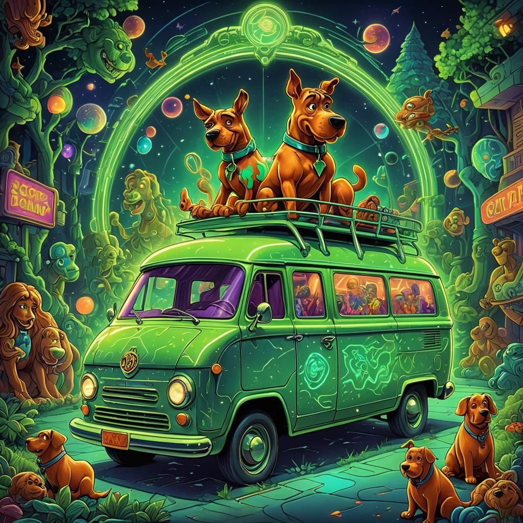 Scooby Doo Van in Neon Lights: Cosmic Illustration