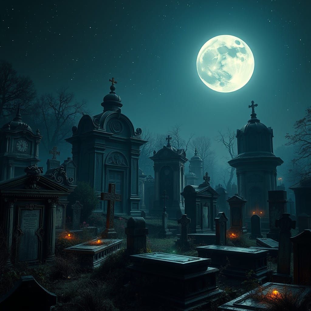 Mystical Cemetery Landscape Under Ethereal Moonlight
