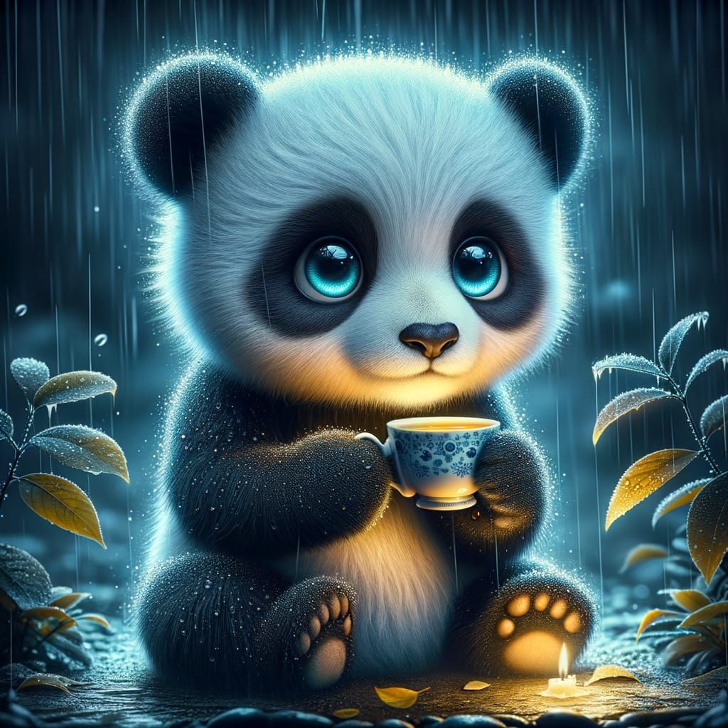 Adorable Baby Panda with Teacup Under Night Sky