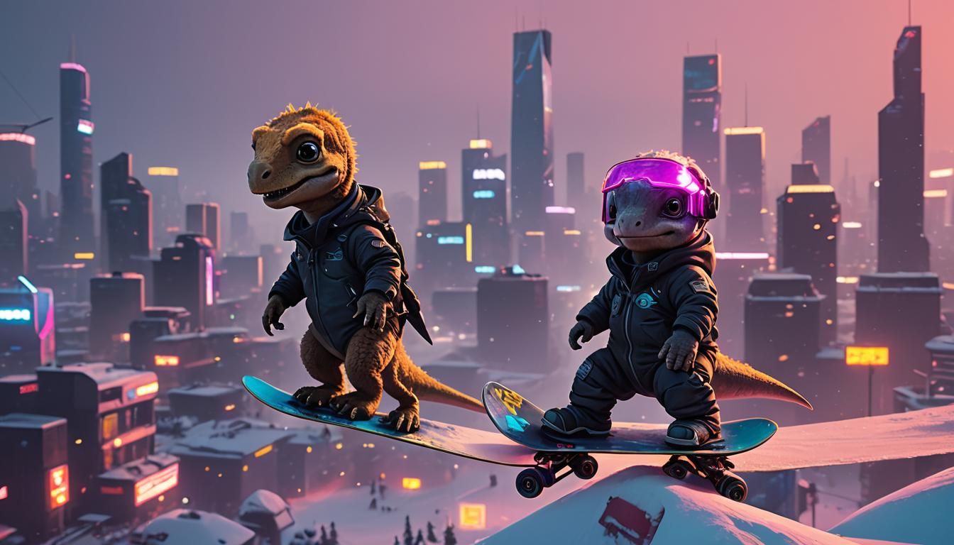 Baby Dinosaur Snowboarding in Cyberpunk Cityscape