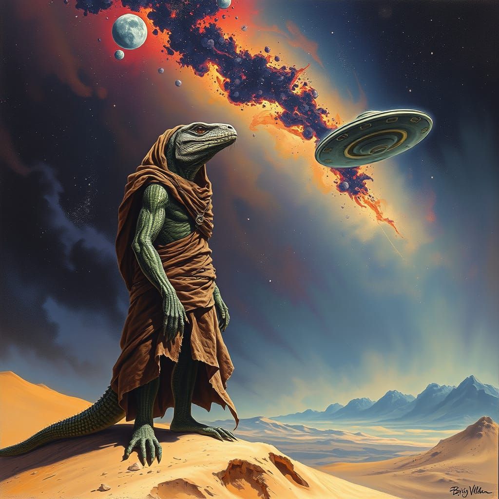 Fantastical Lizard Goddess Gazing at UFOs in the Galaxy