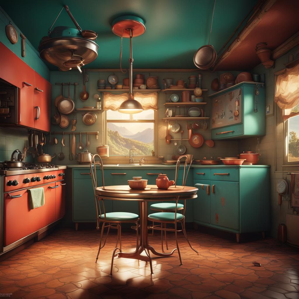 Chair Stuck on Ceiling in Fifties Kitchen