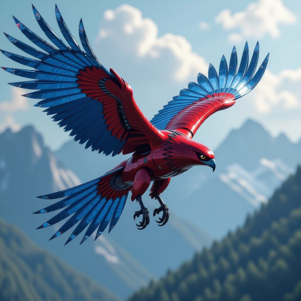 Red Chrome Bio-Mechanical Hawk Attacking, Sci-Fi Art