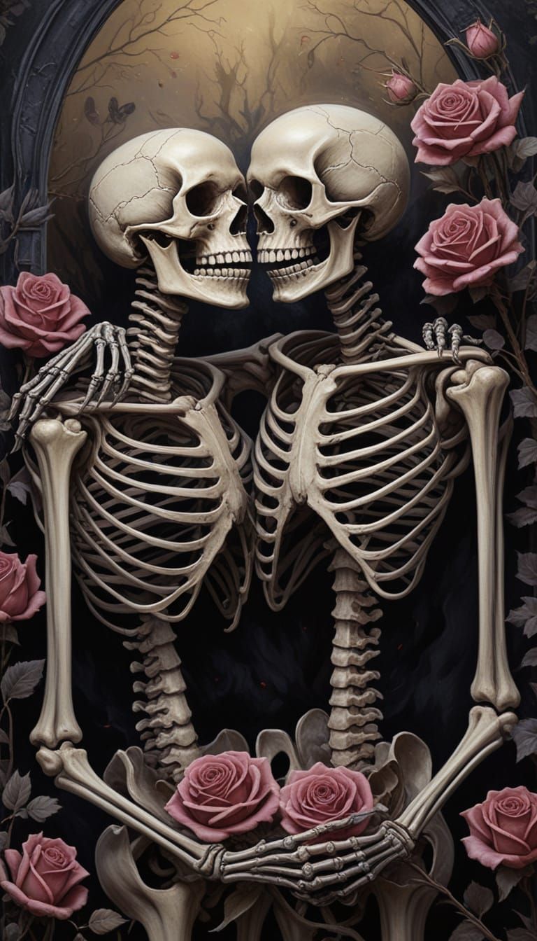 Ethereal Skeleton Couple in Lavender Gothic Oil Painting