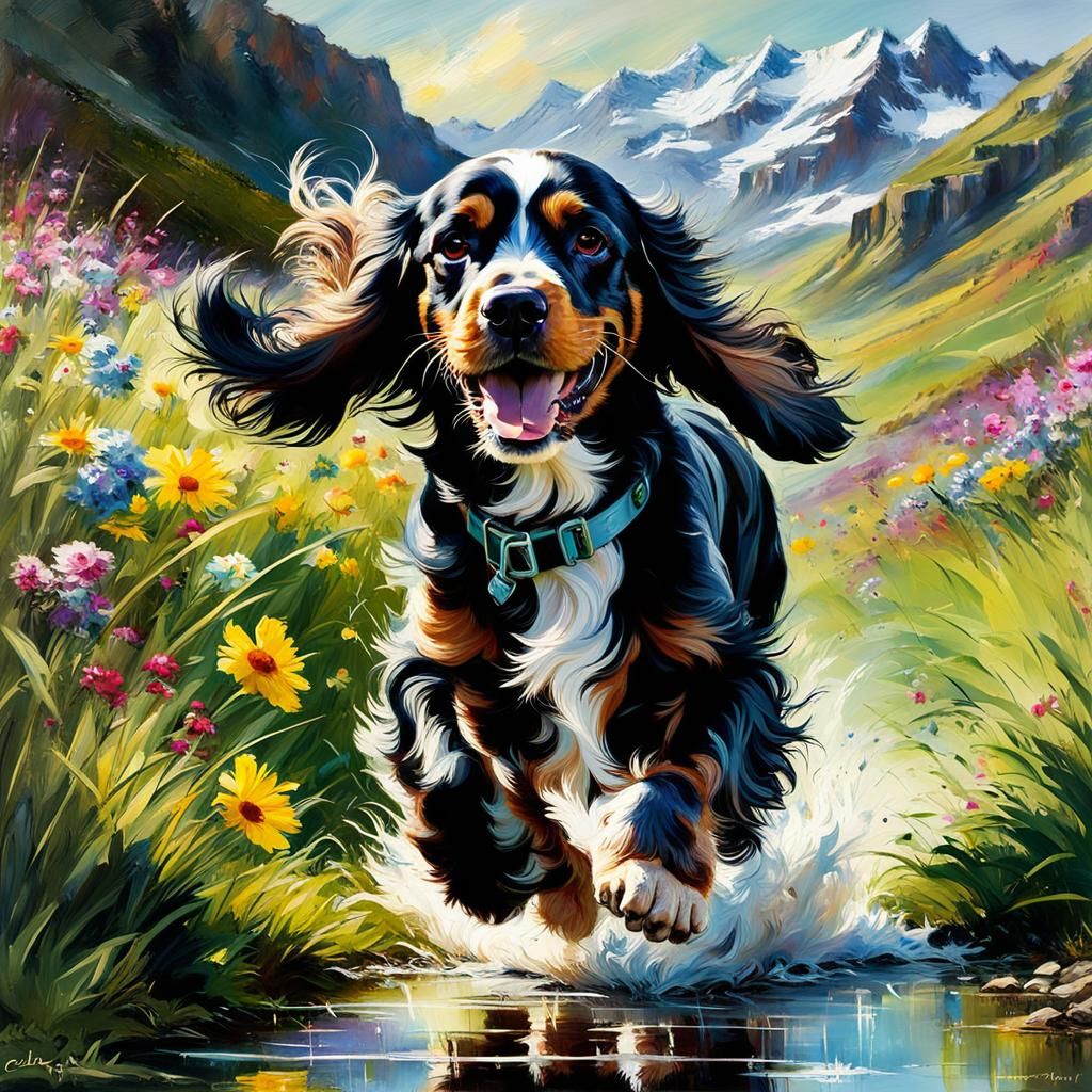 English Cocker Spaniel Runs in Sunny Meadow