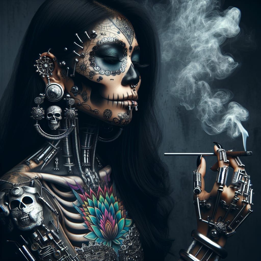 Woman with Sugar Skull Makeup in Cyber Gothic Style