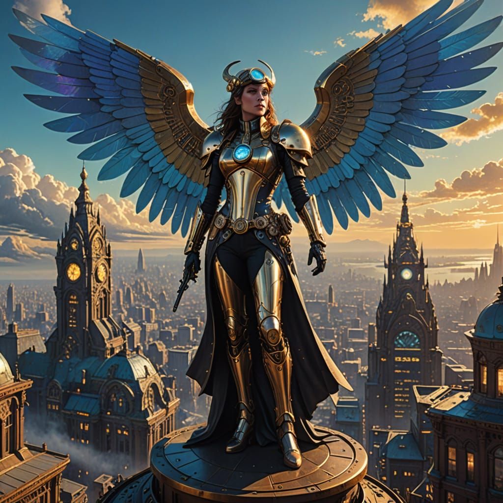 Steampunk Archangel Over Metropolis: Cinematic Film Still