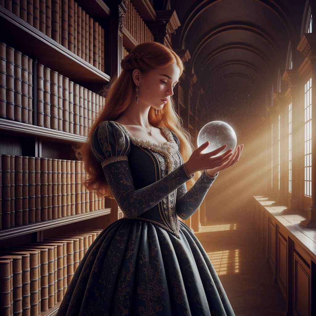 A Young Woman in Elegant Gown Contemplates in Grand Library