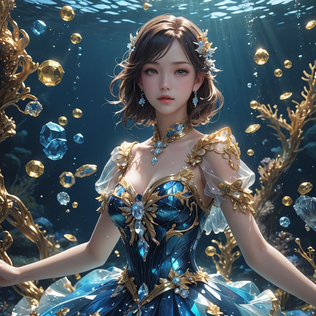 Sapphire and Diamond Dress Underwater: 3D Anime Art