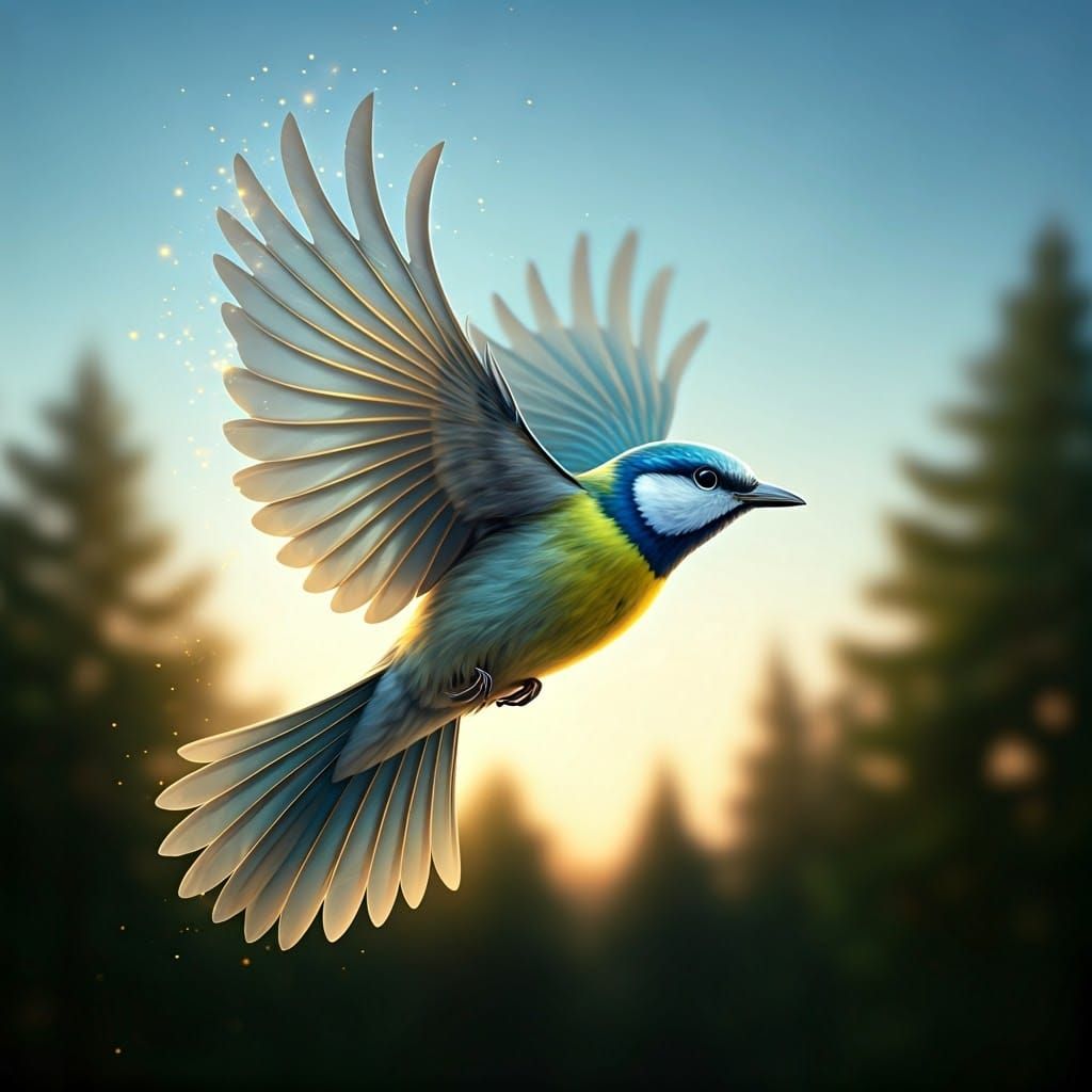 Golden-Threaded Songbird Soaring in Sunlight