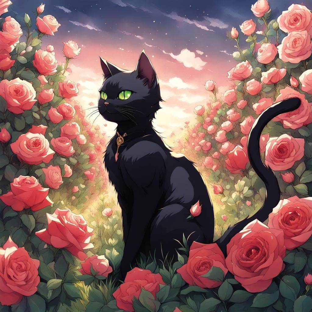 Black Cat in Roses: Anime Style Illustration