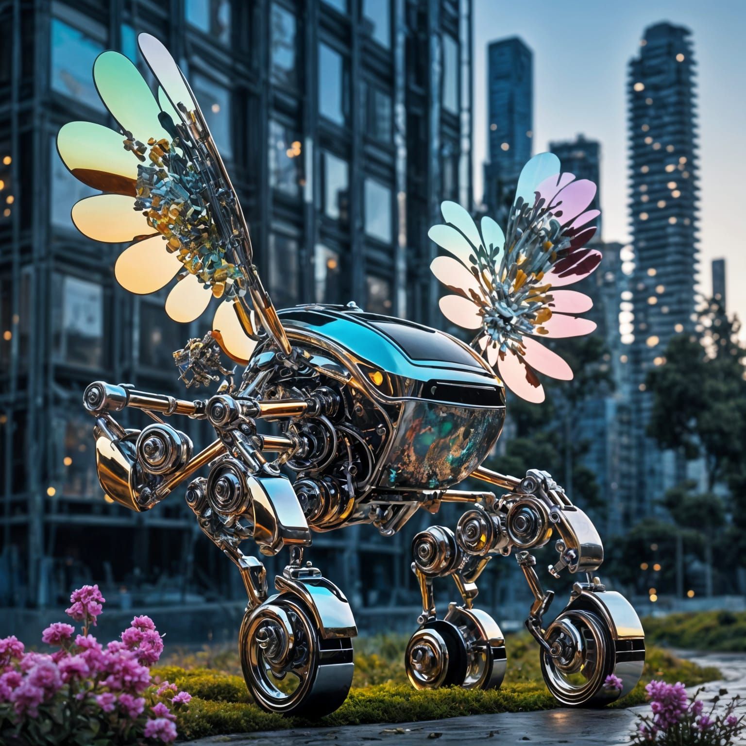 Chrome Robot Drone Covered in Flowers