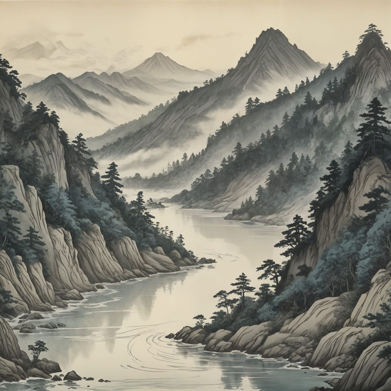 Mist Veiled Hills in Ukiyo-e Style