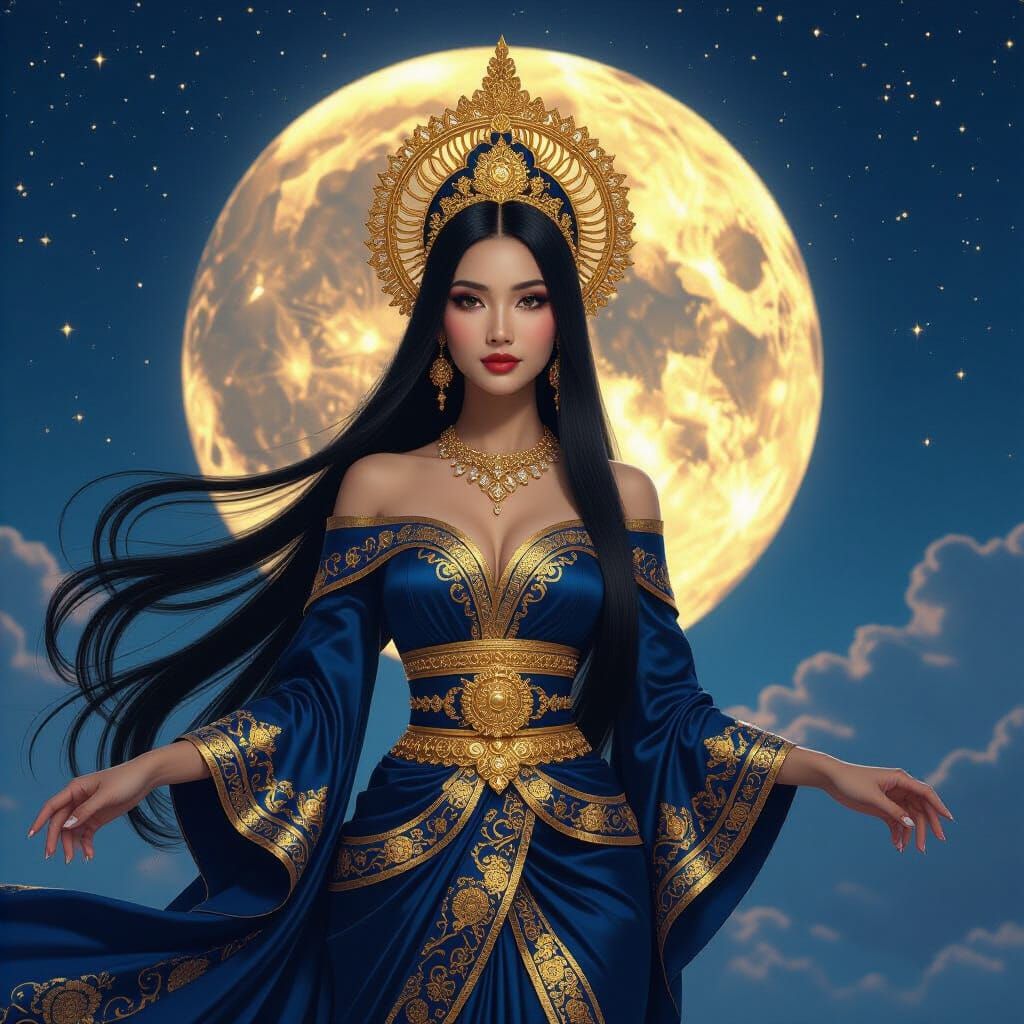Balinese Lunar Goddess in Starry Night Sky