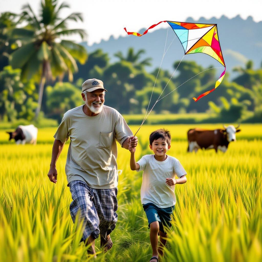Malay Grandfather and Grandson Kite Flying, Nostalgic Art